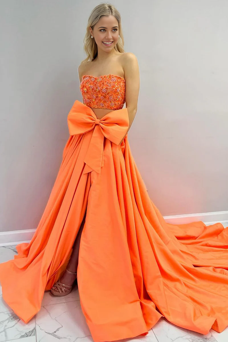 A-line Two Piece Strapless Orange Satin Long Prom Dresses with Bow